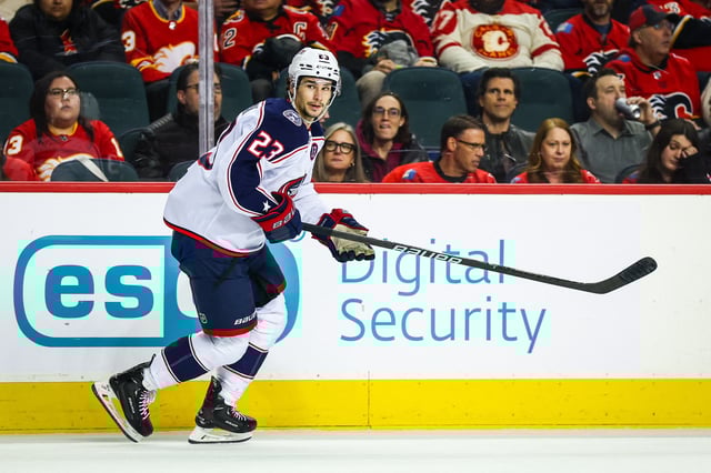 Dec 3, 2024; Calgary, Alberta, CAN; Columbus Blue Jackets center Sean Monahan (23) skates against the Calgary Flames during the second period at Scotiabank Saddledome. Mandatory Credit: Sergei Belski-Imagn Images/File Photo