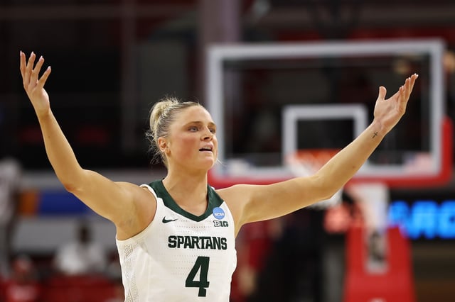 Theryn Hallock #4 of the Michigan State Spartans reacts during the third quarter against the Harvard Crimson in the first round of the NCAA Women&#39;s Basketball Tournament at Reynolds Coliseum on March 22, 2025 in Raleigh, North Carolina.