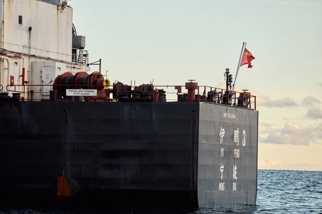 Chinese ship bulk carrier Yi Peng 3 is anchored and monitored by a Danish naval patrol vessel (unseen) in the sea of Kattegat, near the City of Granaa in Jutland, Denmark, on November 20, 2024.
