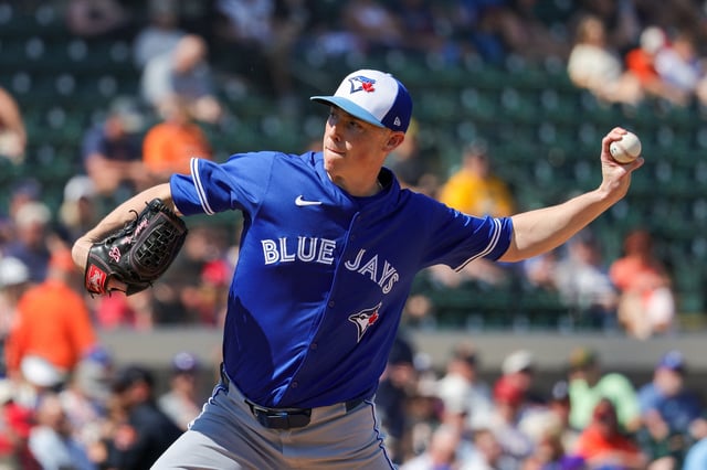 Mar 3, 2025; Lakeland, Florida, USA; Toronto Blue Jays pitcher Ryan Yarbrough (35) pitches during the fourth inning against the Detroit Tigers at Publix Field at Joker Marchant Stadium. Mandatory Credit: Mike Watters-Imagn Images/File Photo