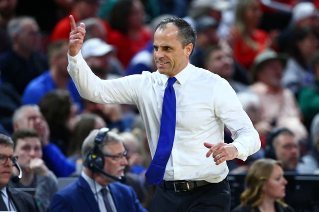 Mar 22, 2025; Wichita, KS, USA; Drake Bulldogs head coach Ben McCollum reacts after a play against the Texas Tech Red Raiders during the first half at Intrust Bank Arena. Mandatory Credit: Nick Tre. Smith-Imagn Images/File Photo