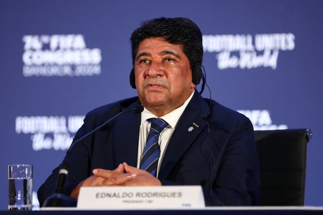 Brazilian Football Confederation President Ednaldo Rodrigues speaks after Brazil won the bid to host the Women's World Cup at the 74th FIFA Congress at the Queen Sirikit National Convention Center, in Bangkok, Thailand, May 17, 2024. REUTERS/Chalinee Thirasupa/File Photo