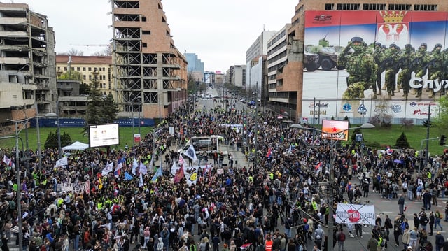 Students protest against a government lease of a site to Jared Kushner, the son in-law of U.S. President Donald Trump, for a hotel project at the former Yugoslav People's Army headquarters, which was destroyed in the 1999 NATO bombing, in Belgrade, Serbia, March 24, 2025. REUTERS/Djordje Kojadinovic