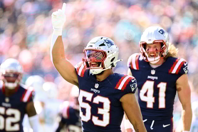 Oct 6, 2024; Foxborough, Massachusetts, USA; New England Patriots linebacker Christian Elliss (53) reacts after making a tackle against the Miami Dolphins during the first half at Gillette Stadium. Mandatory Credit: Brian Fluharty-Imagn Images/File Photo