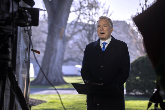 Steve Witkoff, White House special envoy, speaks during a television interview outside the White House, Wednesday, March 19, 2025, in Washington. (AP Photo/Mark Schiefelbein)