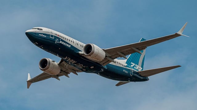 Boeing 737-7 Max displayed at the Farnborough International Airshow in July 2018.