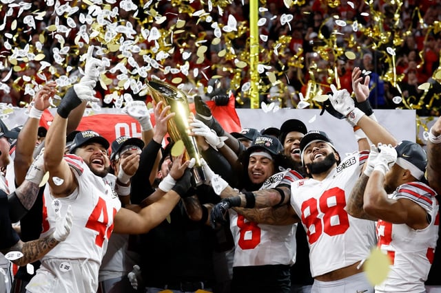 Ohio State celebrates after their win against Notre Dame in the College Football Playoff national championship game Jan. 20, 2025, in Atlanta. (AP Photo/Butch Dill)