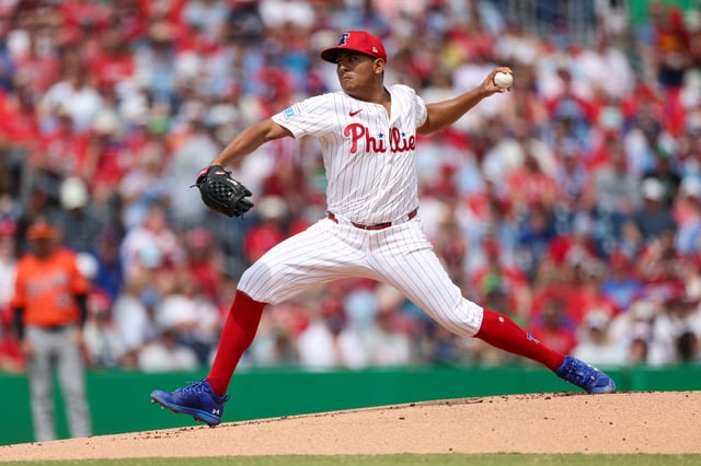 Mar 9, 2025; Clearwater, Florida, USA; Philadelphia Phillies pitcher Ranger Suárez (55) throws a pitch against the Baltimore Orioles in the first inning during spring trining at BayCare Ballpark. Mandatory Credit: Nathan Ray Seebeck-Imagn Images/File Photo
