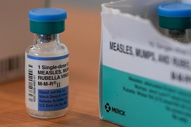FILE – A vial of the measles, mumps and rubella vaccine is on display at the Lubbock Health Department Wednesday, Feb. 26, 2025, in Lubbock, Texas. (AP Photo/Mary Conlon, File)