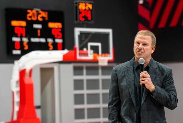 Houston Rockets owner Tilman Fertitta spoke during a news conference opening the Memorial Hermann Houston Rockets Training Center on Sept. 24, 2024. 