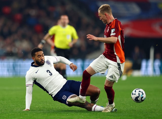 Soccer Football - World Cup - European Qualifiers - Group K - England v Latvia - Wembley Stadium, London, Britain - March 24, 2025 England's Reece James in action with Latvia's Andrej Ciganiks Action Images via Reuters/Matthew Childs