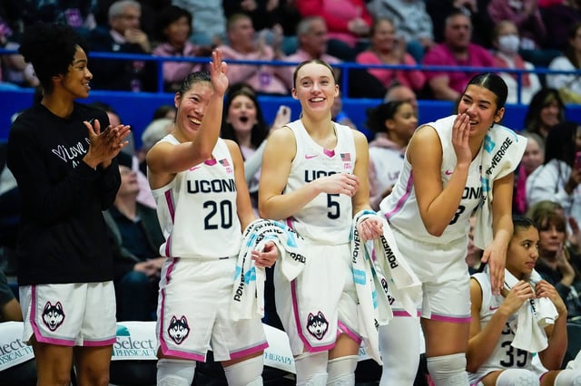Qadence Samuels #10, Kaitlyn Chen #20, Paige Bueckers #5 and Jana El Alfy #8 of the Connecticut Huskies on Feb. 2, 2025 in Hartford, CT.