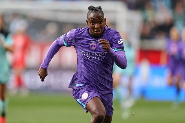 Mar 23, 2025; Harrison, New Jersey, USA; Orlando Pride forward Barbra Banda (22) in action against Gotham FC during the first half at Sports Illustrated Stadium. Mandatory Credit: Vincent Carchietta-Imagn Images/File Photo