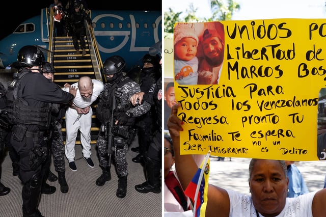 Left: In this handout photo provided by the Salvadoran government, guards escort a newly admitted inmate allegedly linked to criminal organizations at CECOT on March 16, 2025 in Tecoluca, El Salvador. Right: A relative of one of the Venezuelan migrants deported from the United States to a maximum security prison in El Salvador gestures as she holds a portrait of him during a protest to demand that they be repatriated in Caracas on March 24, 2025.
