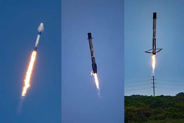 A SpaceX Falcon 9 launched NROL-69 for the National Reconnaissance Office on March 24, 2025. Also seen here are images of the Falcon 9 booster landing. Photo credit: Brandon Lindner