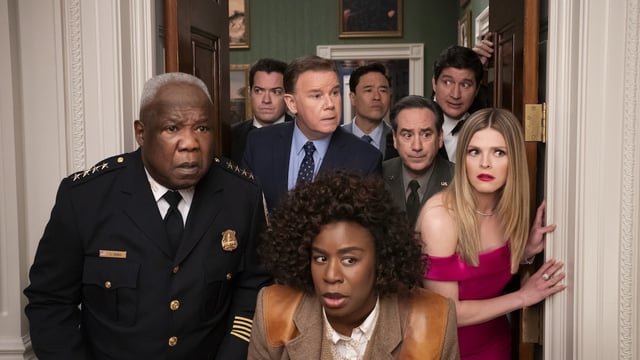Isiah Whitlock Jr., Dan Perrault, Spencer Garrett, Uzo Aduba, Randall Park, Andrew Friedman, Ken Marino and Molly Griggs in "The Residence." (Credit: Erin Simkin/Netflix)