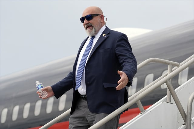 FILE - Chris LaCivita arrives with Republican presidential nominee former President Donald Trump at Augusta Regional Airport to visit areas impacted by Hurricane Helene, Oct. 4, 2024, in Augusta, Ga. (AP Photo/Evan Vucci, File)