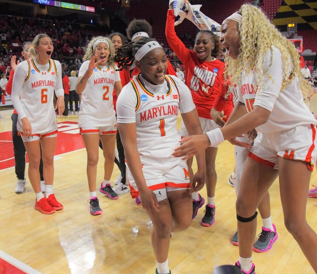 Maryland&#39;s Sarah Te-Biasu, middle, celebrates with teammates after the Terps held on to beat Alabama, 111-108 in double overtime, in an NCAA Tournament second-round game on Monday, March 24, 2025, in College Park. (Karl Merton Ferron/Staff)