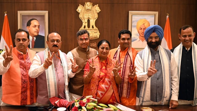 Delhi CM Rekha Gupta along with her cabinet colleagues in New Delhi.