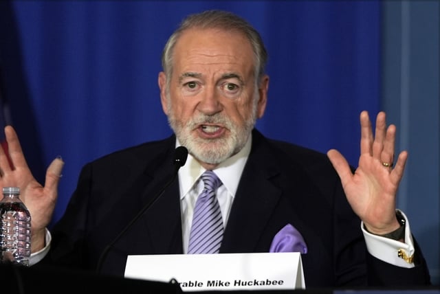 FILE - Former Arkansas Gov. Mike Huckabee gestures as a campaign event at the Drexelbrook Catering & Event Center, Oct. 29, 2024, in Drexel Hill, Pa. (AP Photo/Julia Demaree Nikhinson, File)