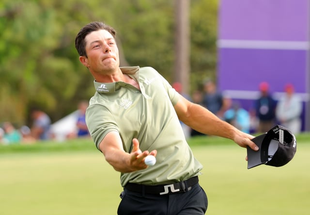 Viktor Hovland of Norway reacts on the 18th green during the final round of the Valspar Championship 2025 at Innisbrook Resort and Golf Club on March 23, 2025 in Palm Harbor, Florida.