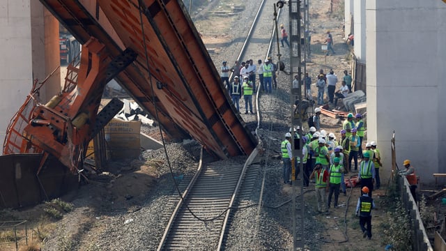 The segmental launching gantry collapsed between two pillars at a bullet train project site near Ahmedabad,