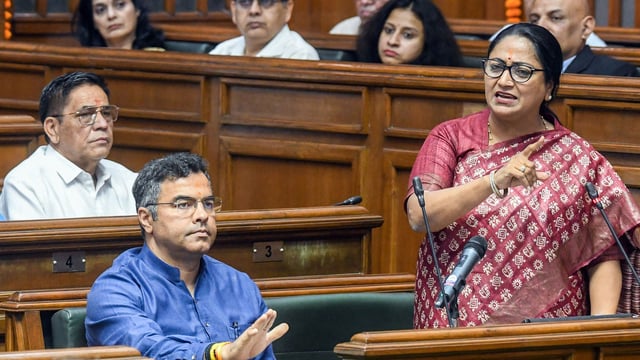Delhi chief minister and finance minister Rekha Gupta presents the first Budget 2025-26 of the newly formed BJP government in the Delhi legislative assembly on March 25. 