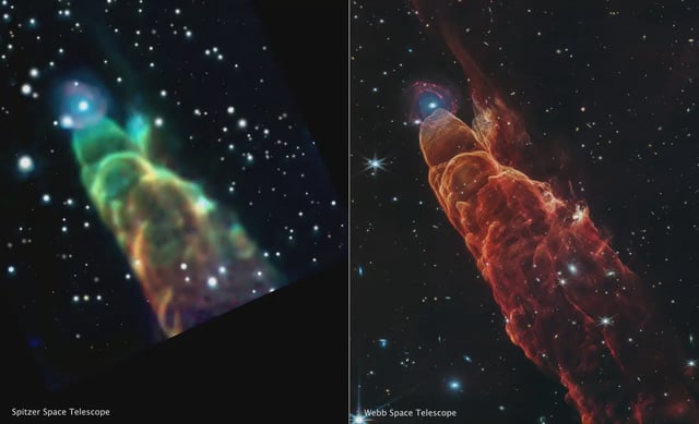 This side-by-side comparison shows a Spitzer Space Telescope Infrared Array Camera image of HH 49/50 (left) versus a Webb image of the same object (right) using the NIRCam (Near-infrared Camera) instrument and MIRI (Mid-infrared Instrument). The Webb image shows intricate details of the heated gas and dust as the protostellar jet slams into the material. Webb also resolves the “fuzzy” object located at the tip of the outflow into a distant spiral galaxy. The Spitzer image shows 3.6-micron light in blue, the 4.5-micron in green, and the 8.0-micron in red (IRAC1, IRAC2, IRAC4). In the Webb image, blue represents light at 2.0-microns (F200W), cyan represents light at 3.3-microns (F335M), green is 4.4-microns (F444W), orange is 4.7-microns (F470N), and red is 7.7-microns (F770W). NASA, ESA, CSA, STScI, NASA-JPL, SSC