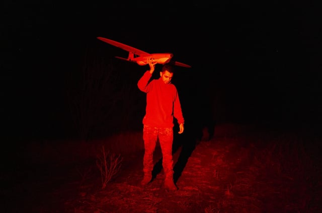 A Ukrainian drone unit carries out a reconnaissance mission at night hidden in a forest 5km from the front line and launches their drones at Russian positions where fighting continues in defense of the town of Pokrovsk in the Donbas region of eastern Ukraine on March 21, 2025.