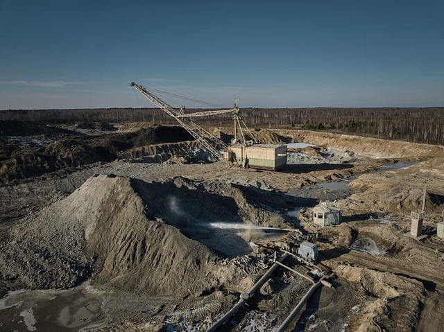 Drag-line excavator mines rare earth materials on Ukrainian soil on February 25, 2025 in the Zhytomyr region of Ukraine. Despite the ongoing war, many mining companies across the country have continued their operations, extracting resources such as titanium, graphite, and beryllium.
