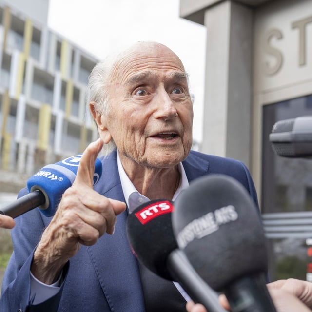 Former Fifa President, Sepp Blatter, after the verdict at the special appeals court, in Muttenz, Switzerland, Tuesday, March 25, 2025. (Urs Flueeler/Keystone via AP)