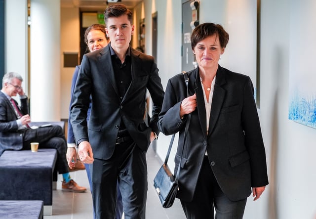 Jakob Ingebrigtsen and legal counsel Mette Yvonne Larsen walk after the lunch break at South Rogaland District Court, Sandnes, Norway March 25, 2025. NTB/Lise Aserud/via REUTERS