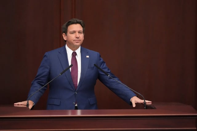 Florida Gov. Ron DeSantis gives his State of the State address to a joint session on the opening day of the 2025 legislative session.(AP Photo/Rebecca Blackwell)