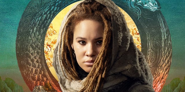 Ayoola Smart as Aviendha against a Season 2 poster backdrop for The Wheel of Time