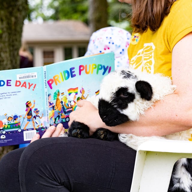 Becca Bateman, 40, reads "Pride Puppy" to her daughter at a campaign event for Central Bucks School Director Karen Smith who is running for re-election at her home in Chalfont, Pennsylvania, U.S., May 13, 2023. REUTERS/Hannah Beier