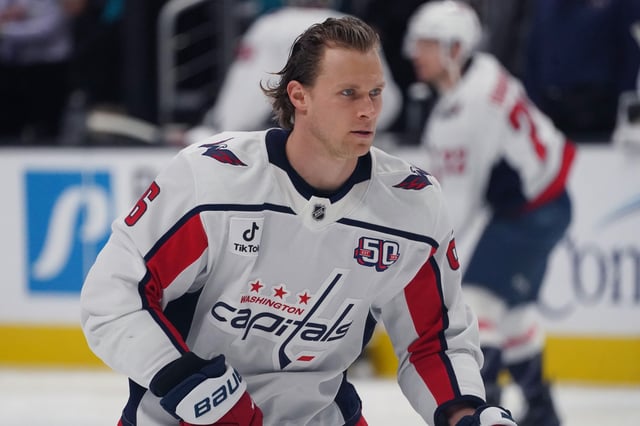 Mar 15, 2025; San Jose, California, USA;  Washington Capitals defenseman Jakob Chychrun (6) takes the ice for warmups against the San Jose Sharks at SAP Center at San Jose. Mandatory Credit: David Gonzales-Imagn Images/File Photo