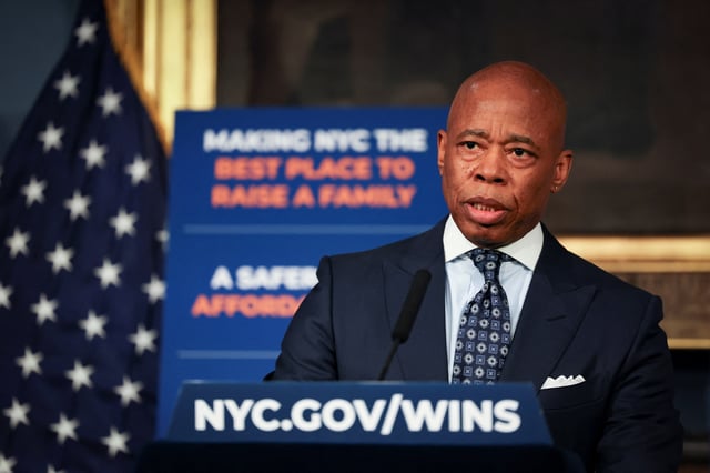 New York City Mayor Eric Adams speaks during a press conference at City Hall in Manhattan in New York City, U.S., March 24, 2025/File Photo