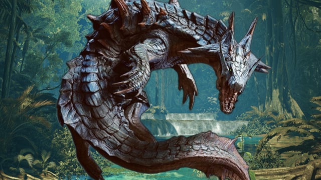 A Lagiacrus render from Monster Hunter Generations, photoshopped over a screenshot of Wilds' Scarlet Forest region.