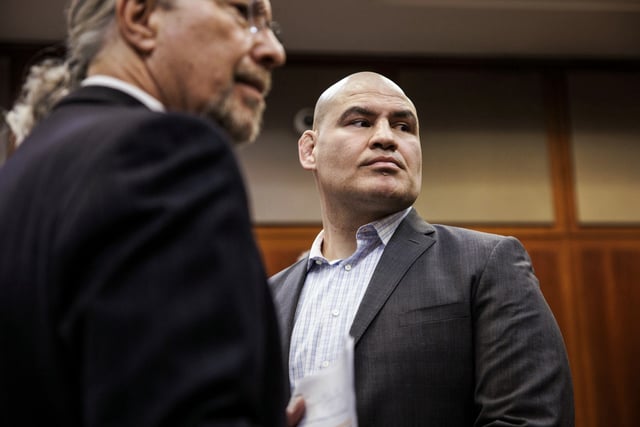 Cain Velasquez, right, appears for his arraignment with his attorney Edward Sousa at the Santa Clara County Hall of Justice, Nov. 21, 2022, in San Jose, Calif.