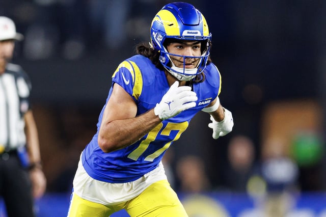 Wide receiver Puka Nacua #17 of the Los Angeles Rams runs downfield during the first half of an NFC Wild Card game against the Minnesota Vikings, at State Farm Stadium on January 13, 2025.