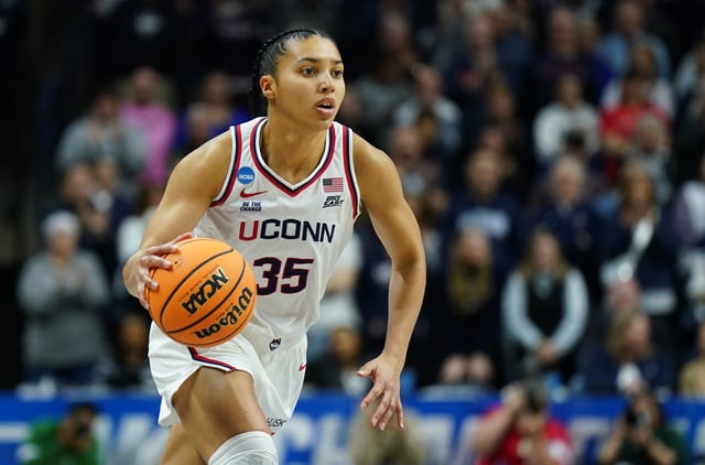 Mar 22, 2025; Storrs, Connecticut, USA; UConn Huskies guard Azzi Fudd (35) drives the ball against the Arkansas State Red Wolves in the first half at Harry A. Gampel Pavilion. Mandatory Credit: David Butler II-Imagn Images/File Photo