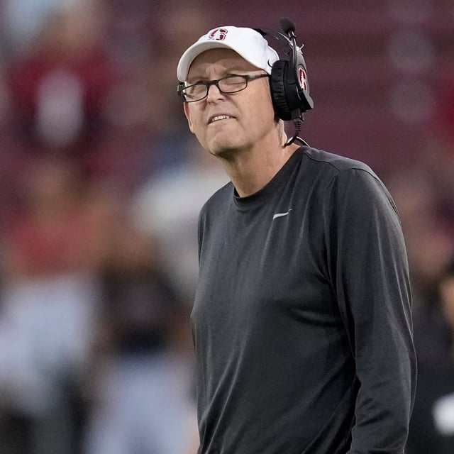 FILE - Stanford head coach Troy Taylor reacts as he watches the video board during the first half of an NCAA college football game against SMU in Stanford, Calif., Saturday, Oct. 19, 2024. (AP Photo/Jeff Chiu,File)
