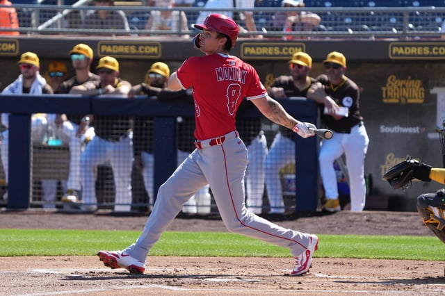 Feb 25, 2025; Peoria, Arizona, USA; Los Angeles Angels outfielder Mickey Moniak (8) bats against the San Diego Padres during the first inning at Peoria Sports Complex. Mandatory Credit: Rick Scuteri-Imagn Images/File Photo