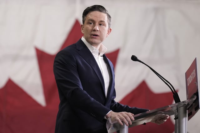 Federal Conservative Leader Pierre Poilievre appears at a federal election campaign event in Brampton, Ont., on March 24, 2025.