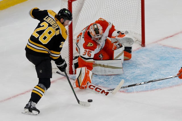 Ducks goaltender John Gibson makes a save on a shot by Bruins center Elias Lindholm during the second period Feb. 22, 2025, in Boston. (AP Photo/Mary Schwalm)