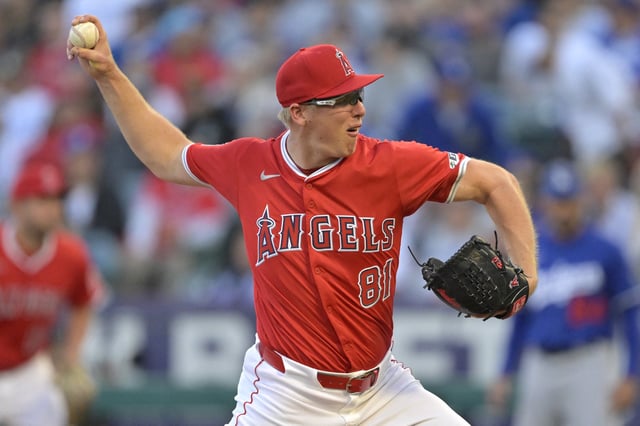 Mar 24, 2025; Anaheim, California, USA;  Los Angeles Angels starting pitcher Ryan Johnson (81) delivers to the plate in the second inning against the Los Angeles Dodgers at Angel Stadium. Mandatory Credit: Jayne Kamin-Oncea-Imagn Images/File Photo