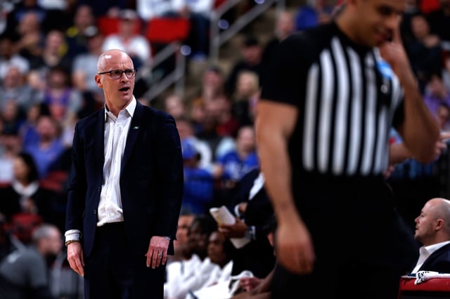 Head coach Dan Hurley of the Connecticut Huskies reacts following a call against the Florida Gators in the first half during a second round game of the men&#39;s NCAA basketball tournament at Lenovo Center on March 23, 2025 in Raleigh, North Carolina.