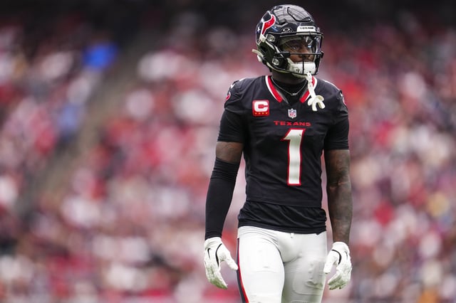 Stefon Diggs #1 of the Houston Texans looks on from the field during an NFL football game against the Indianapolis Colts at NRG Stadium on October 27, 2024 in Houston, Texas.