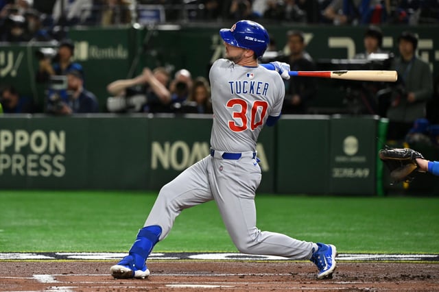 TOKYO, JAPAN - MARCH 19: Kyle Tucker #30 of the Chicago Cubs flies out in the bottom of the first inning during the MLB Tokyo Series game between Los Angeles Dodgers and Chicago Cubs at Tokyo Dome on March 19, 2025 in Tokyo, Japan.