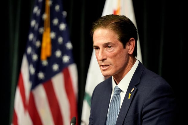 FILE – Los Angeles County District Attorney Nathan Hochman talks about the resentencing of Erik and Lyle Menendez for the murders of their parents during a news conference in downtown Los Angeles, Friday, Jan. 3, 2025. (AP Photo/Damian Dovarganes, File)